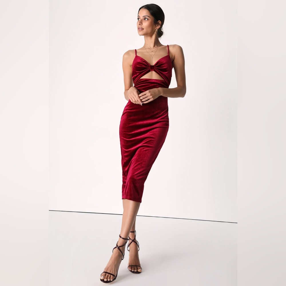 NWT Lulu's Celebrating Chic Wine Red Velvet Cutout Bow-Front Midi Dress XS